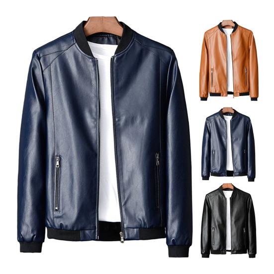 Men Fall Winter Coat Smooth Faux Leather Windproof Stand Collar Long Sleeve