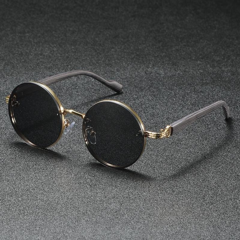 Fashionable Trendy Elegant Retro Round Punk Metal Wood Grain Mirror Leg Sunglasses Unisex Decorative Sunglasses