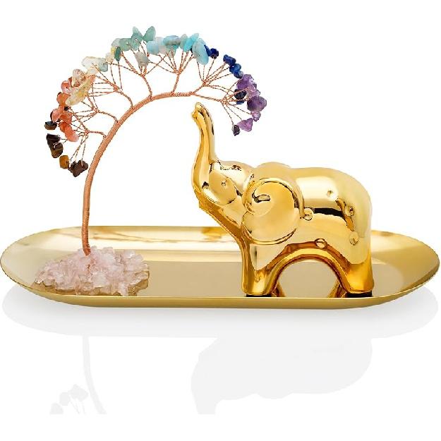 ZenBless Crystals Tree,Small Birds Statue,7 Chakra Healing Crystals Stones Tree Storage Tray Yoga Meditation Zen Room Office Home Decor Set Figurine A Gold Elephant+7chakra