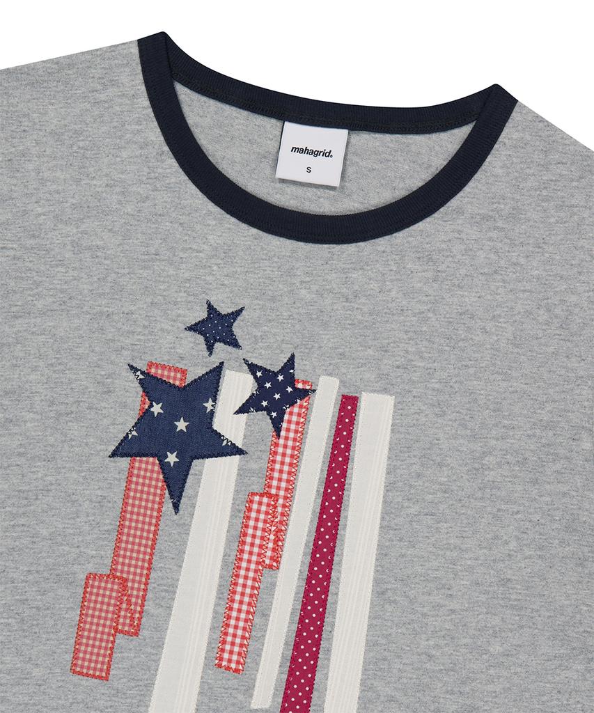 MAHAGRID Flag Applique Ringer Crop Tee Gray(Mg2Gmft513A)