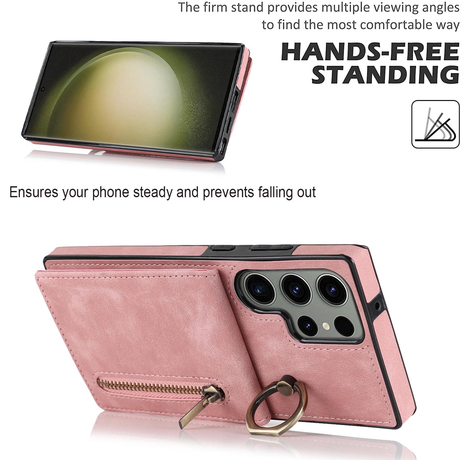 

Kickstand Phone Cover for Samsung Galaxy S23 Ultra RFID Blocking PU+TPU Wallet Phone Case Pink