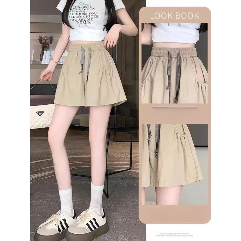 Women's Summer Thin Skirt Yoga Pants Ice Silk Wide Leg Shorts Solid Color Pocket Lace Up Short Pants