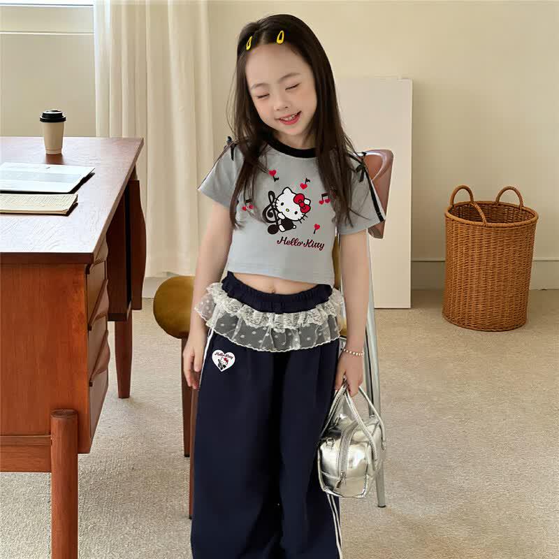 Hello Kitty Girls' Summer Contrast Bow Top & Lace Shorts Set