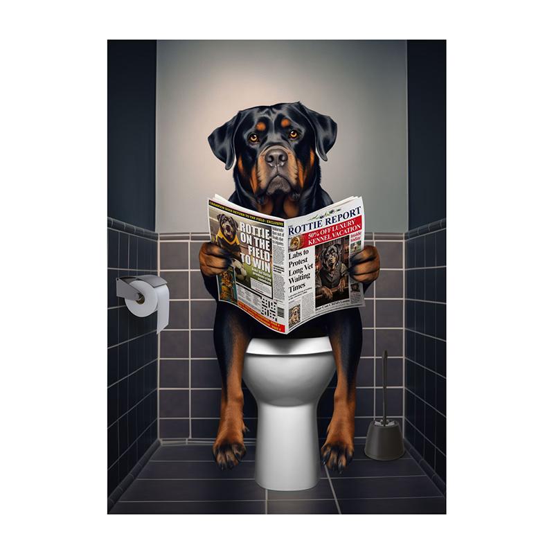 Goldendoodle Monkey Highland Cow On The Toilet Reading Newspaper Poster Animal Print Canvas Painting Funny Bathroom Wall Decor