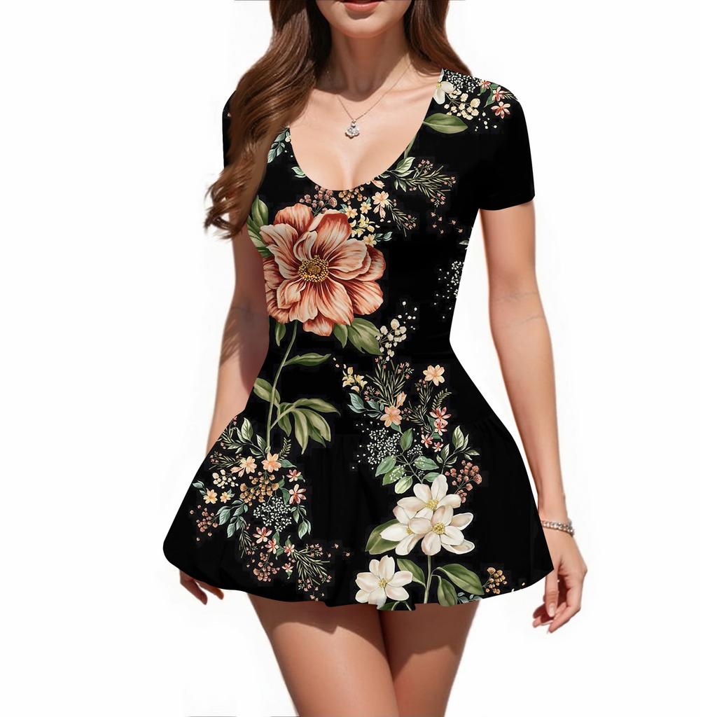 Women's Fashion Sexy Printing Short Sleeve Round Neck Bubble Hem Dress