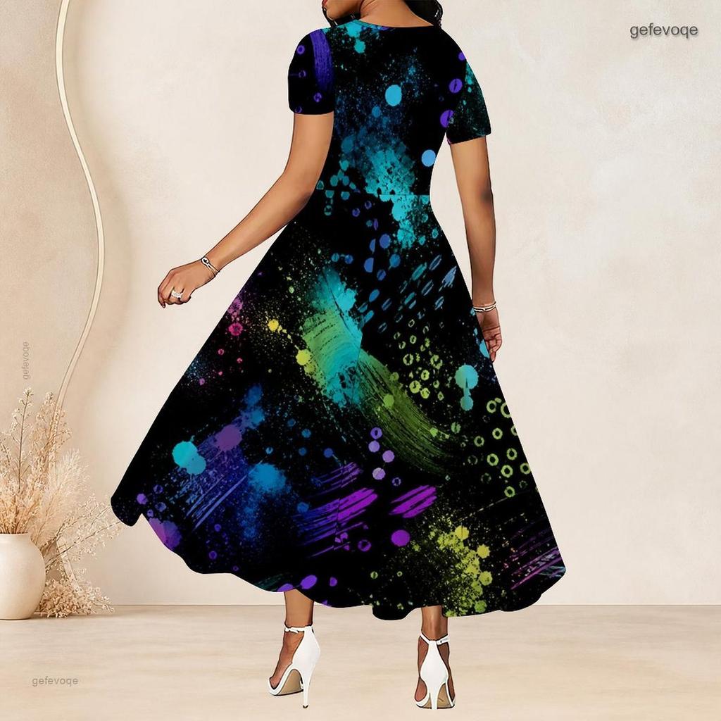 Women Plus Size Round Neck Short Sleeve Gathered Waist Green Gold Leaf Printed A Line Long Dress