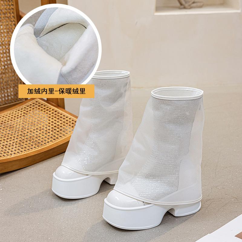 Women's Thick-soled Trouser Boots 2025 New Autumn and Winter Versatile Solid Color Sequined Medium Tube Short Boots Niche Design Sense
