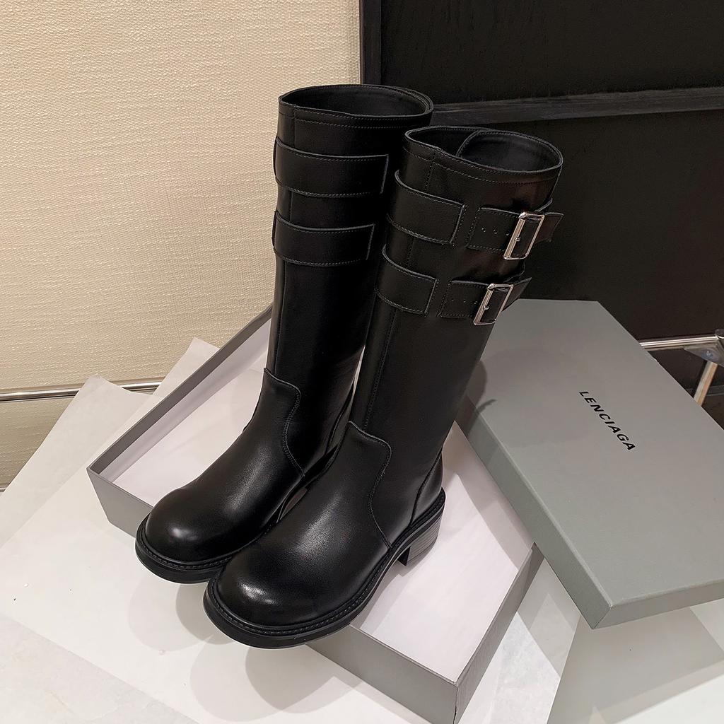 European and American Fashion Simple Cow Flip Knight Boots 2025 Autumn and Winter New Round Head Thick Heel Belt Buckle But Knee Boots