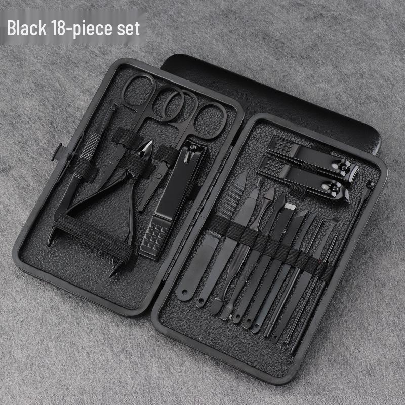 Black Stainless Steel Nail Care Set: 18-Piece Manicure Kit with Clippers, Scissors, Blackhead Remover, Pedicure Knife, and Beauty Pliers.