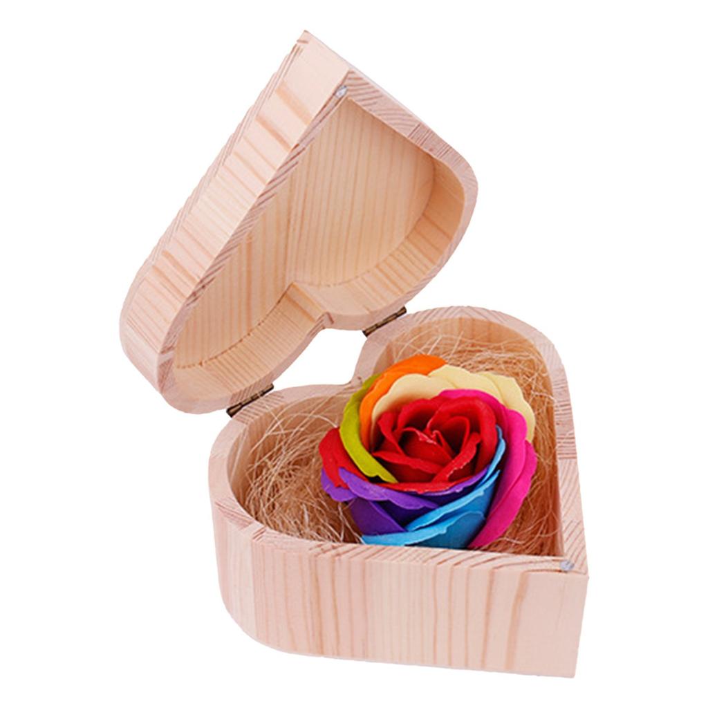 Heart Shaped Wooden Box Soap Flower Simulation Colorful Rose Small Wooden Box