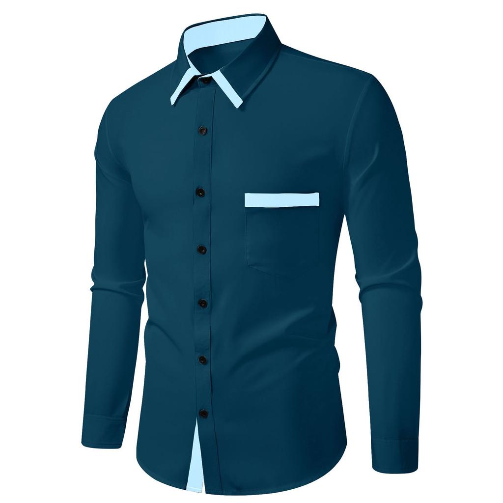 New Fashion Men's Color-blocking Business Slim Casual Shirt Contrast Long-sleeved Shirt
