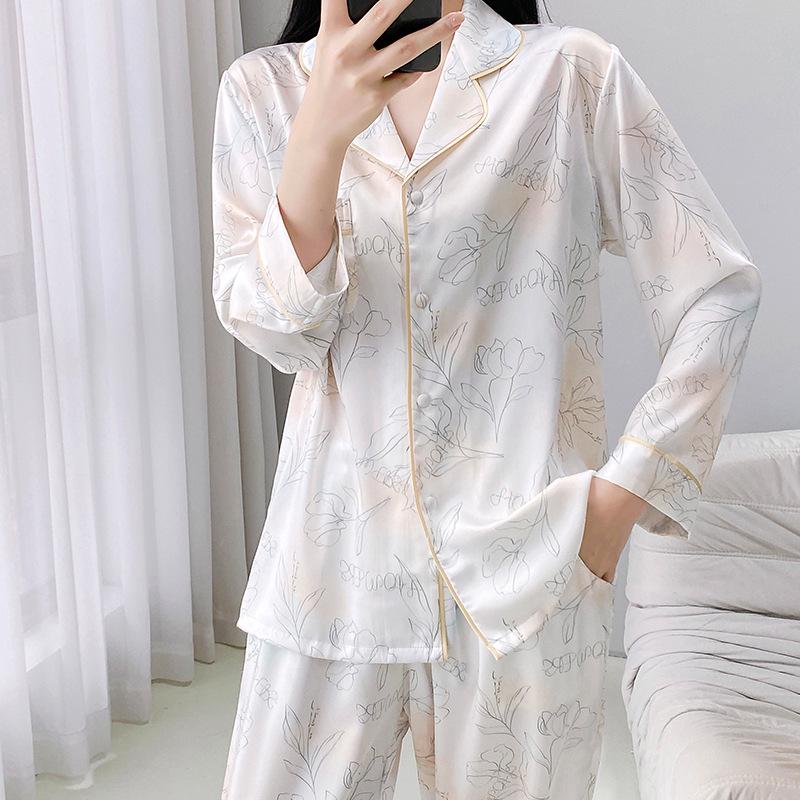 

Женский весенне-летний пижамный комплект с длинным рукавом из ледяного шелка с карманом - Домашняя одежда в корейском стиле Large