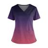 Women's Fashionable Printed V Neck Double Pocket Short Sleeved Shirt With Slit Hem Uniform And Worker Top