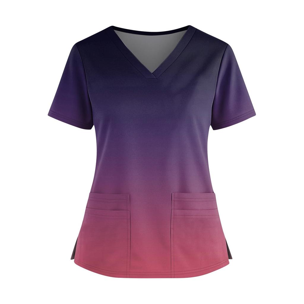 Women's Fashionable Printed V Neck Double Pocket Short Sleeved Shirt With Slit Hem Uniform And Worker Top