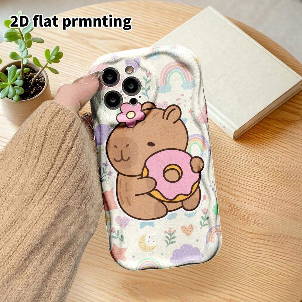 Phone Case: 2D Flat Design Suitable for iPhone 18, 17, 16, 15, 14, 13Pro Film Protective Case, Couple Style, Hugging a Sweet Donut Capybara, Christmas