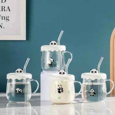 Kawaii Cups Cute Panda Glass Cup With Straw Cap Spoon Coffee Breakfast Cup Beer Mug Cups and Mugs Free Shipping Drinking Glasses