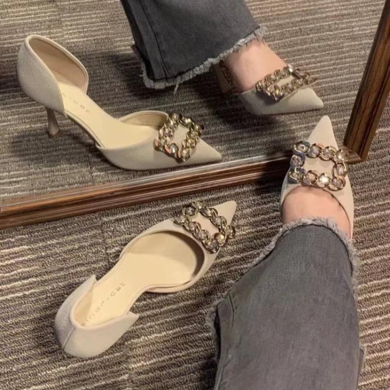 Fashion Women's Fall New Thin Heel Shoes Fashion Pointed Head Shallow Mouth Crystal Buckle Non-slip High Heels