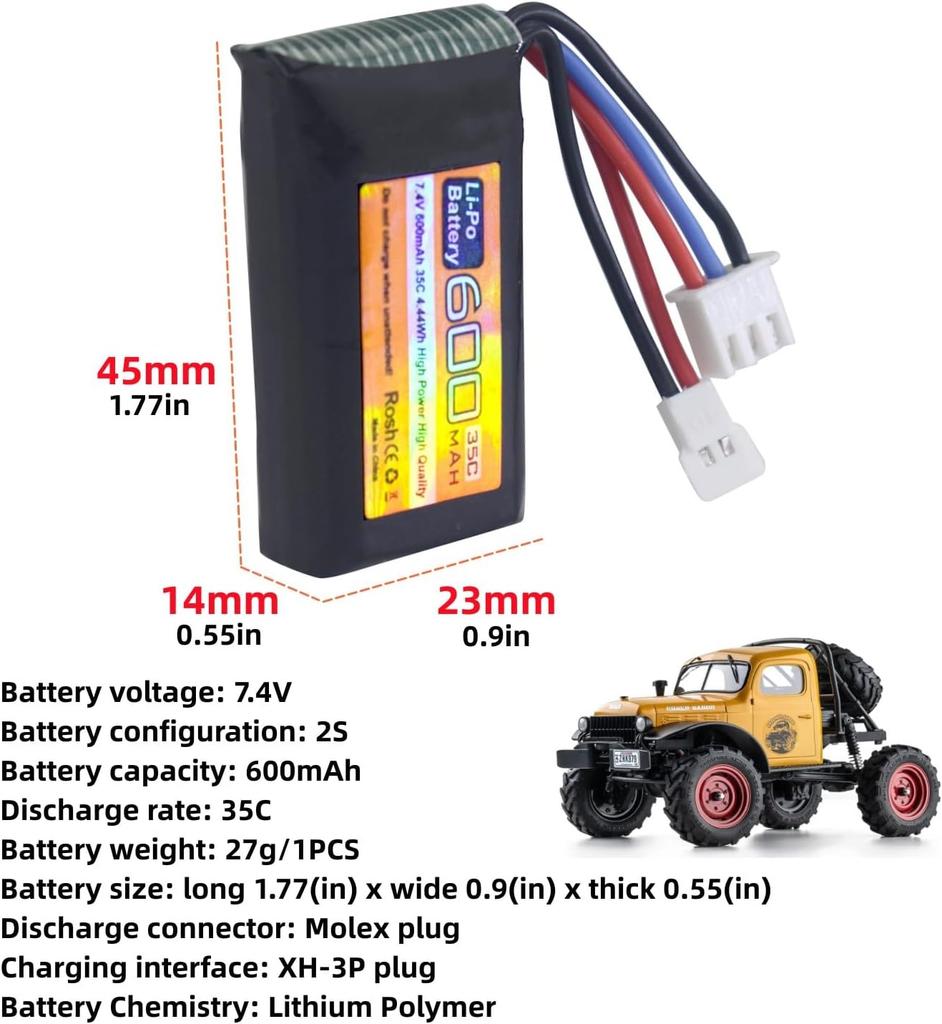 2× 7.4V 600mAh 35C 2S LiPo Batteries with Molex Plug – Compatible with FMS FCX24 RC Crawlers and Electric Climbing Vehicles