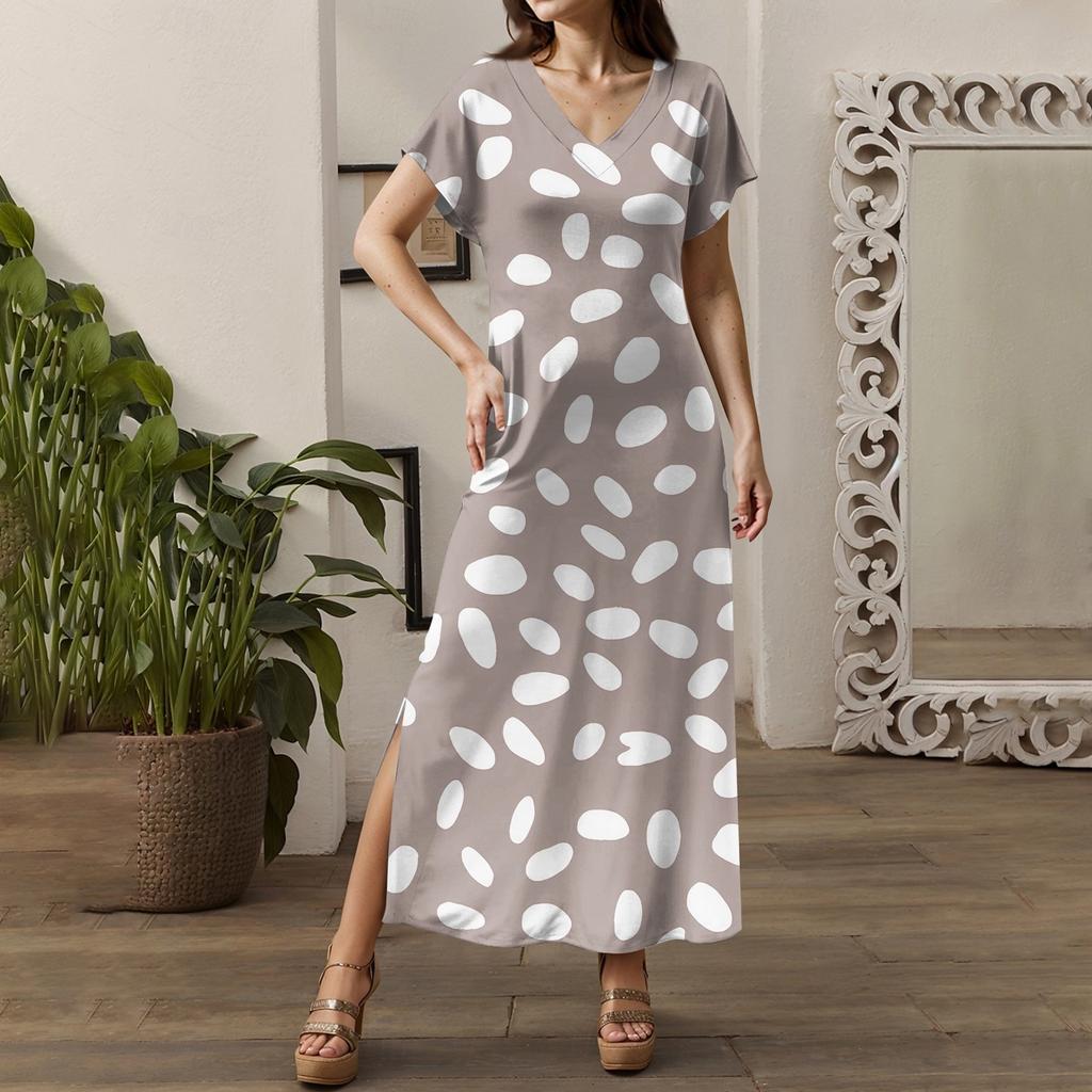 Women Summer Floral Dress Short Sleeve Beach Dress With Pockets Casual V-Neck Split Long T-Shirt Dress Travel Vacation