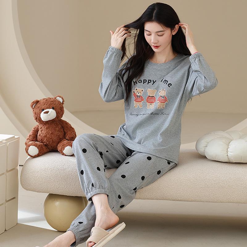 Ensemble de Pyjama pour Femme 100% Coton – Respirant, Absorbant la Sueur, Manches Longues Col Rond pour Porter à l'Intérieur et à l'Extérieur (Automne hiver)