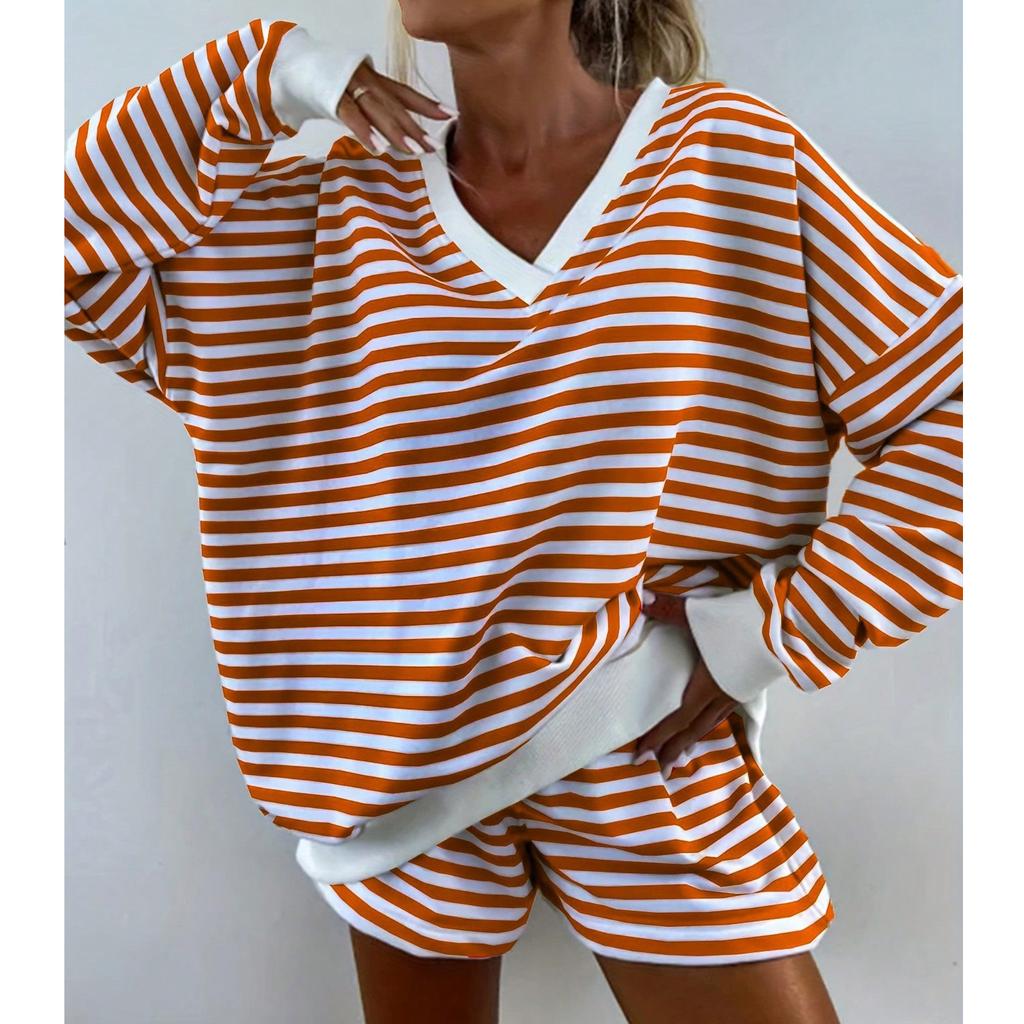 European and American style ins striped home pajamas pajama pants set women's V multi-color long-sleeved shorts casual wear
