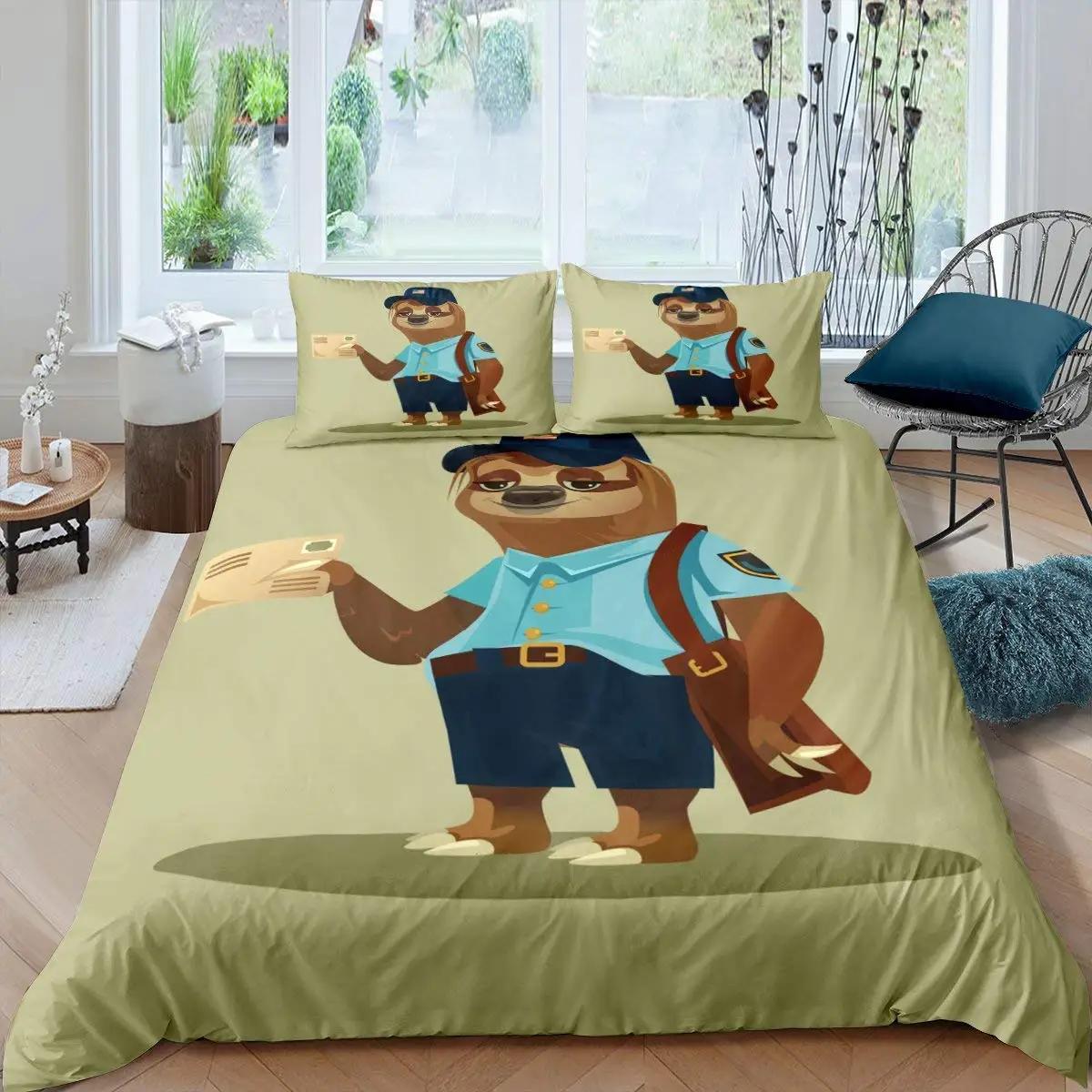 Cartoon Sloth King Queen Duvet Cover Kids Cute Animal Bedding Set Bathtub Decor Blue Comforter Cover Soft Polyester Quilt Cover EU Single(135*200cm)3pcs