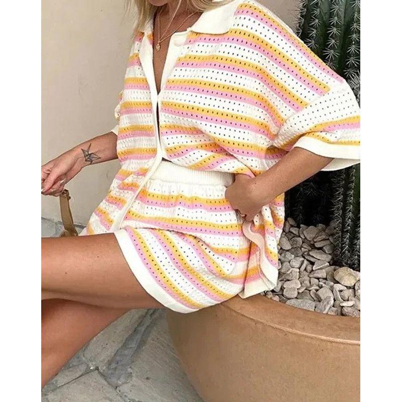 

Cross-Border Contrast Color Top Lapel Single-Breasted Knitted Cut-out Shirt Stripe Shorts Set Loose Casual Women Suit Orange Red L