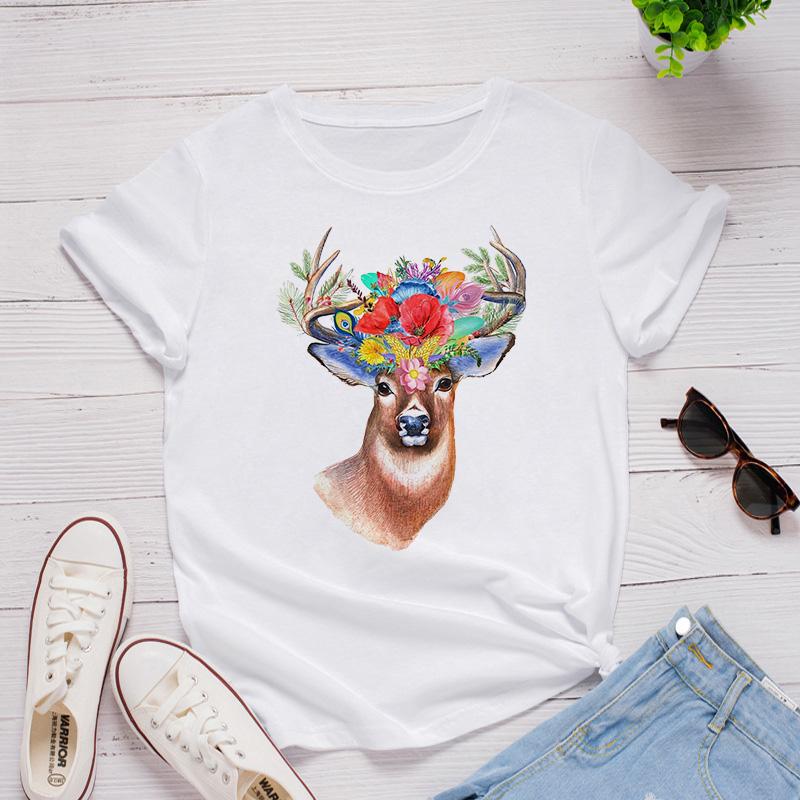 Women White Tshirt Tops Cute Cartoon Deer In The Flowers Love T Shirt Girl Fashion Harajuku T-Shirt Floral Pattern