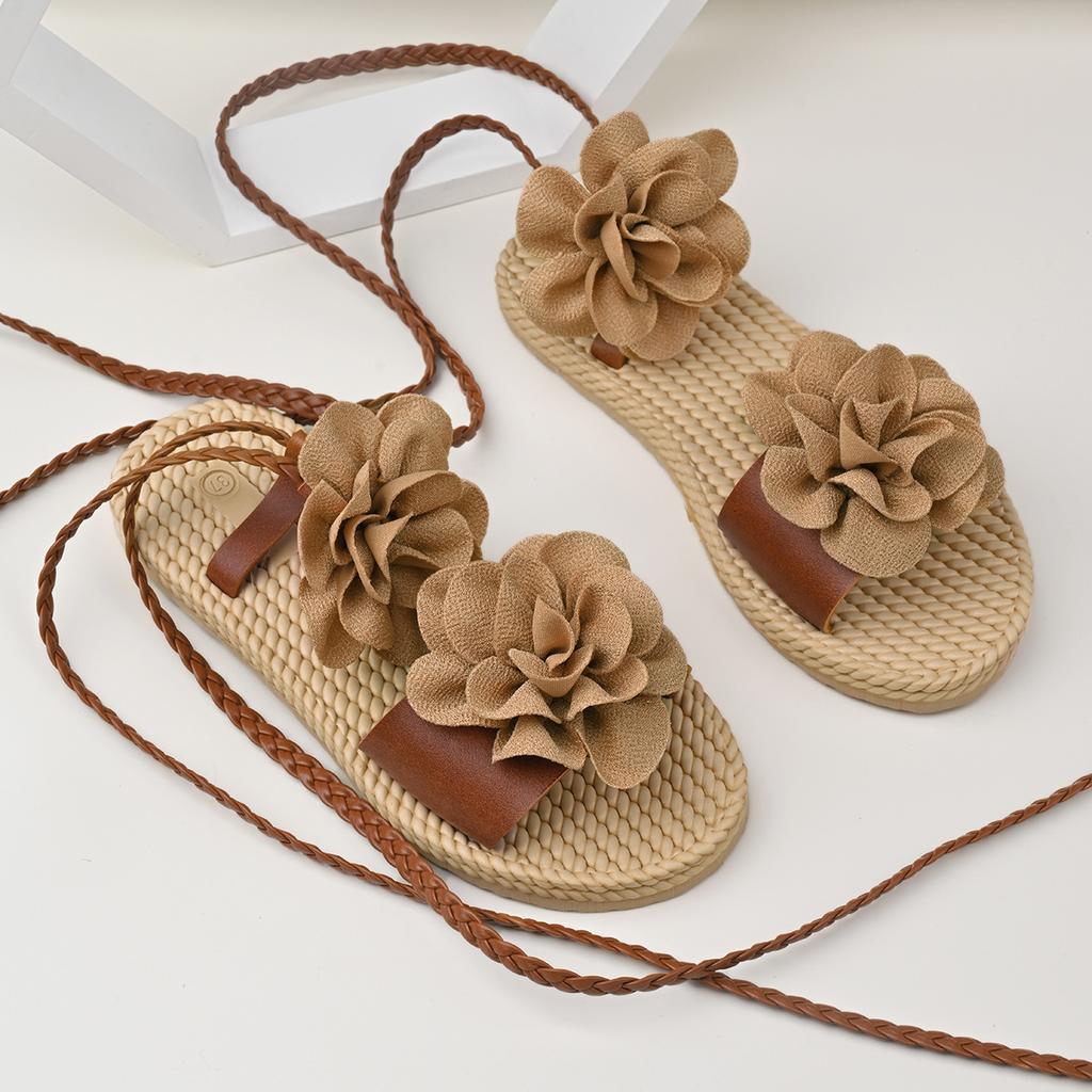 Comemore Summer Female Beach Sandals Outer Wear Thick Bottom Shoes Large-sized Ankle Lace-up Roman Flower Sandales for Women
