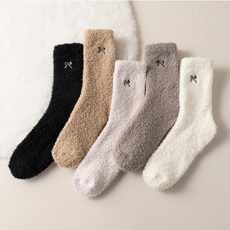Thickened Bow Coral Fleece Mid Tube Socks Women Plush Thick Warm Foot Autumn Winter Solid Color Simple Harajuku Home Sleep Sock