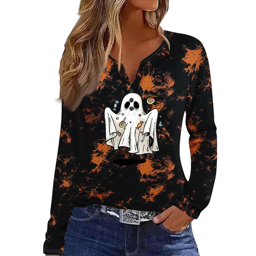 Women's Casual Halloween Print V-Neck Long Sleeve T-Shirt with Decorative Buttons