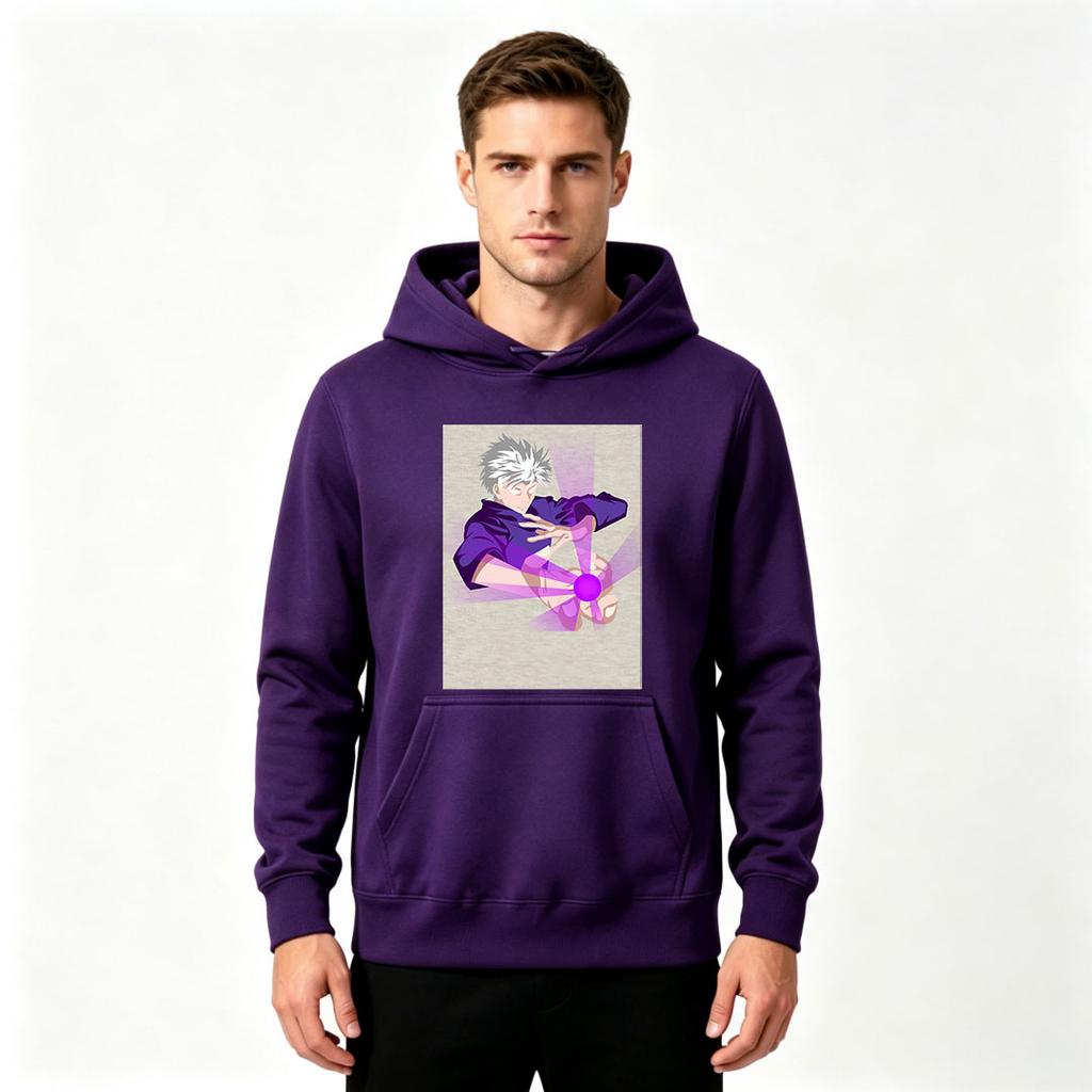 Men's Anime Printed Pullover Hoodie Casual Long Sleeve Comfy Sweatshirt with Purple Magic Ball Pattern