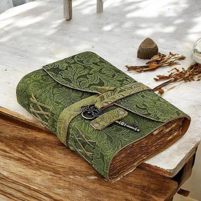 Handmade Green Floral Leather Journal: Vintage Deckle Edge Paper, Antique Key