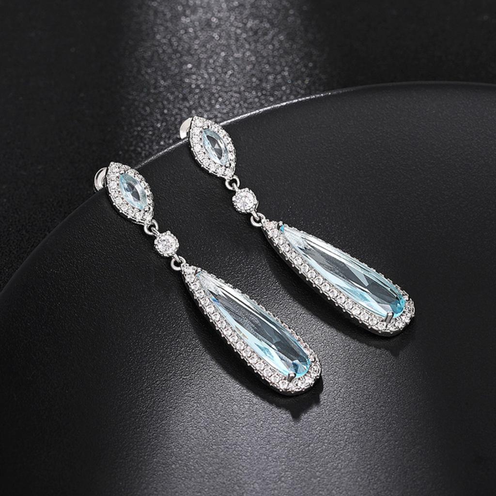 Luxury Blue Teardrop Cubic Zirconia Drop Earrings Silver Plated Long Dangle Earrings for Women Bridal Wedding Party