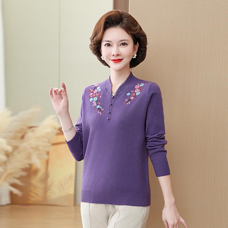 Year of the Rat High-End Embroidered Wool Sweater with Stand-Up Collar for Middle-Aged and Elderly Women