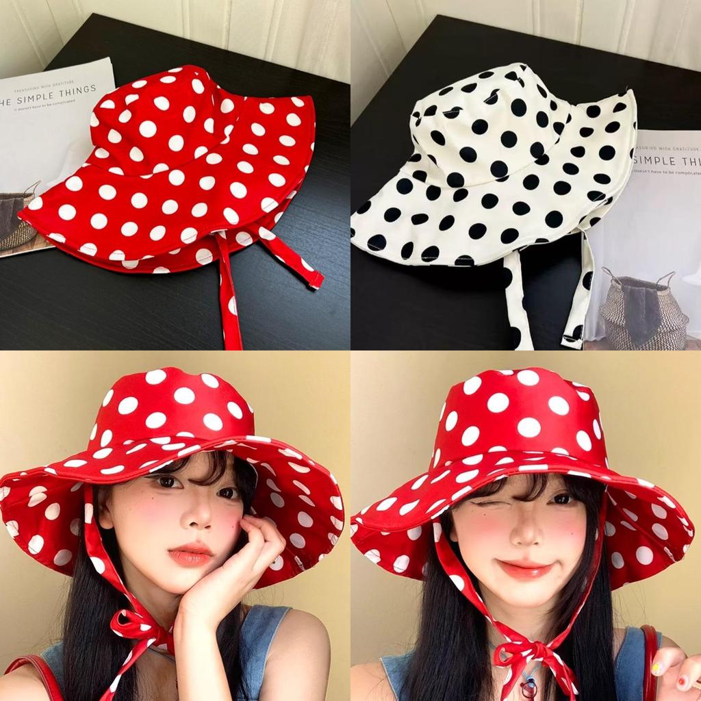 Vintage Red Polka Dot Bucket Hat With Wide Brim Sun Protection For Women Summer Casual