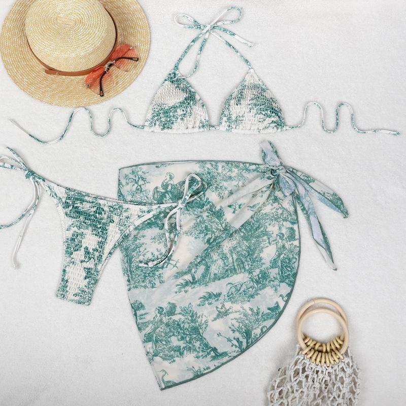 TS JYL-BK045 Mesh Skirt Three-Piece Bikini, Print Triangle Slim Swimwear For Vacation