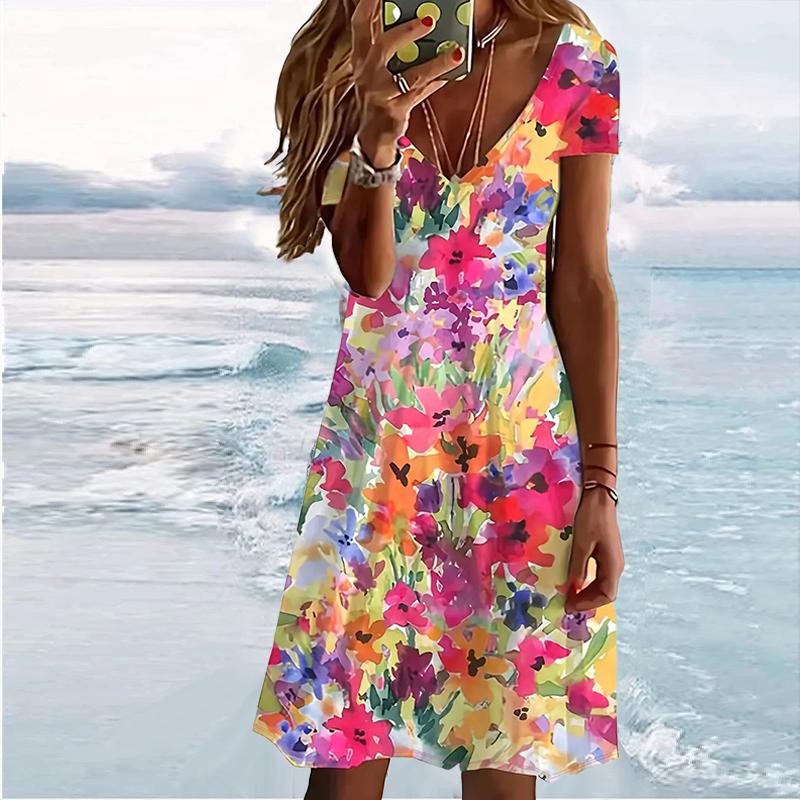 Letní móda dámské šaty s krátkým rukávem a výstřihem do V s květinovým potiskem Sex Krátká sukně