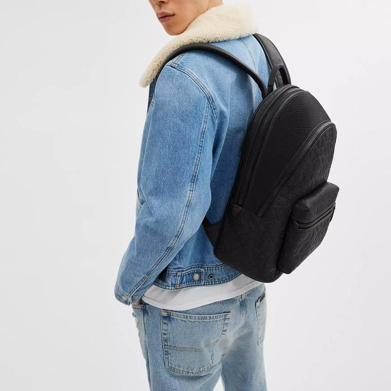 COACH Charter 30 embossed logo double zipper closure classic presbyopic pebble leather travel bag school bag backpack backpack large size men's black