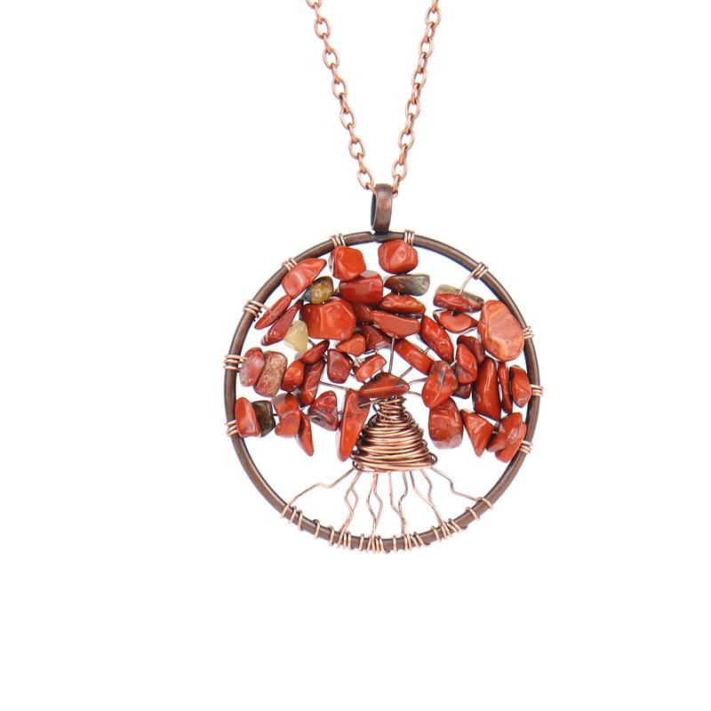 Ancient Red Copper Winding Natural Stone Crystal Tree Of Life Necklace Colorful Stone Necklace Jewelry N105