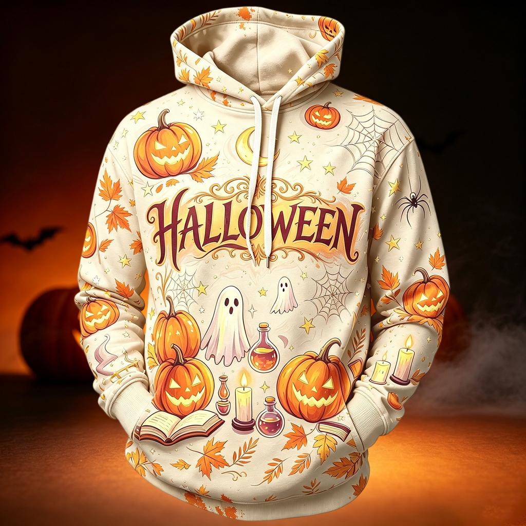 Men's Casual Hooded Long Sleeve Top with Halloween Print for Holiday Events