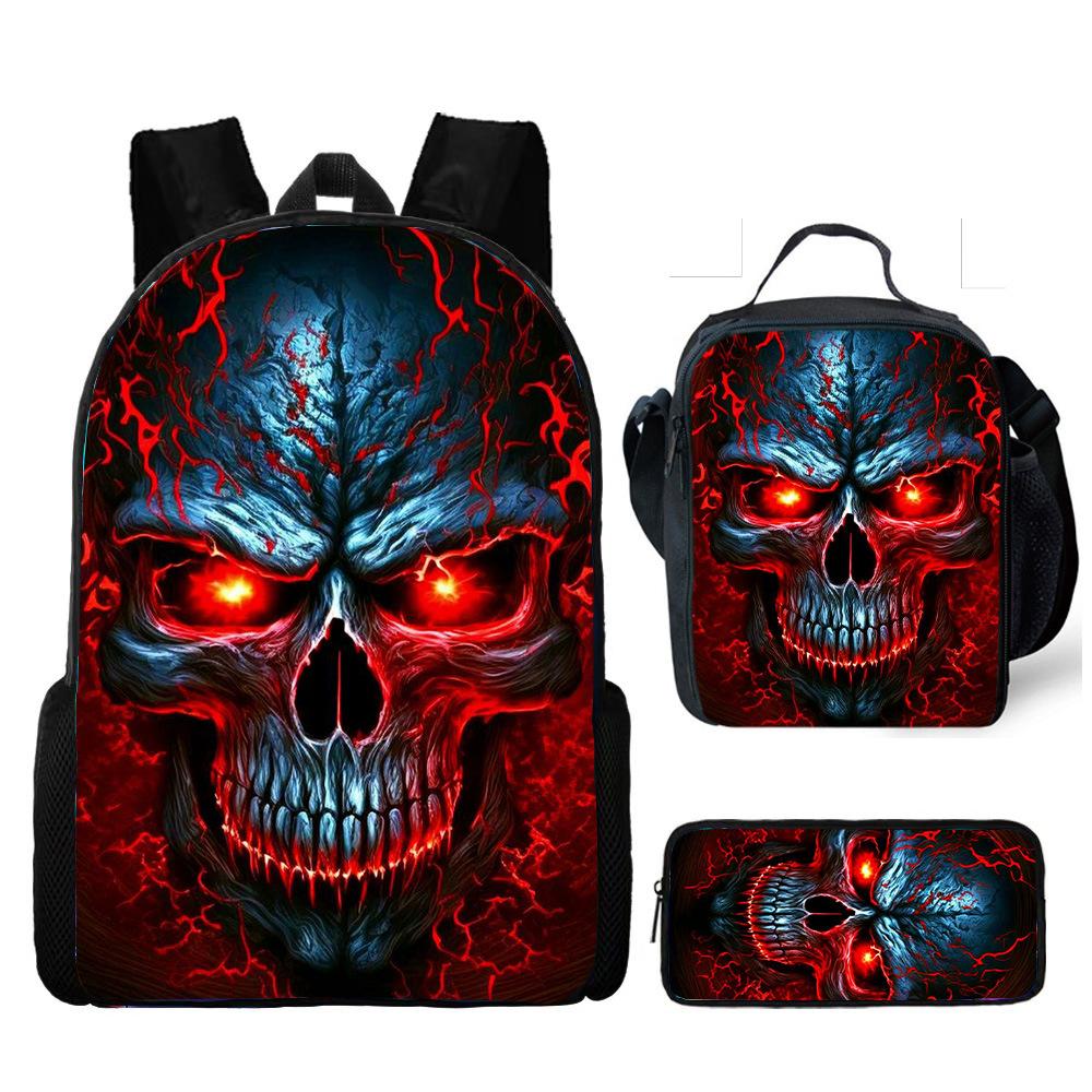 Hot Selling Skull Backpack Three Piece Set Printed Primary and Secondary School Backpack Meal Bag Pencil Case