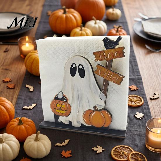 Festive Table Decor Halloween Wooden Napkin Holder, Ghost Pumpkin Decorative Tabletop Tissue Dispenser, Desktop Storage Organizer Paper for