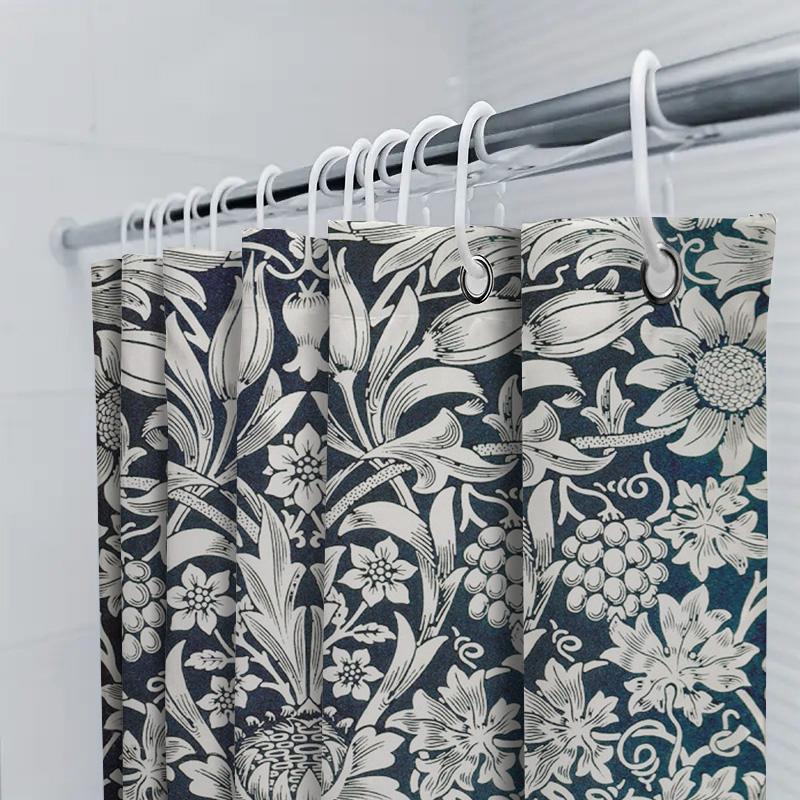Vintage Floral Shower Curtain with Soft Waterfall Effect for Bathroom Decor Navy White Elegant Print, Durable Waterproof Fabri