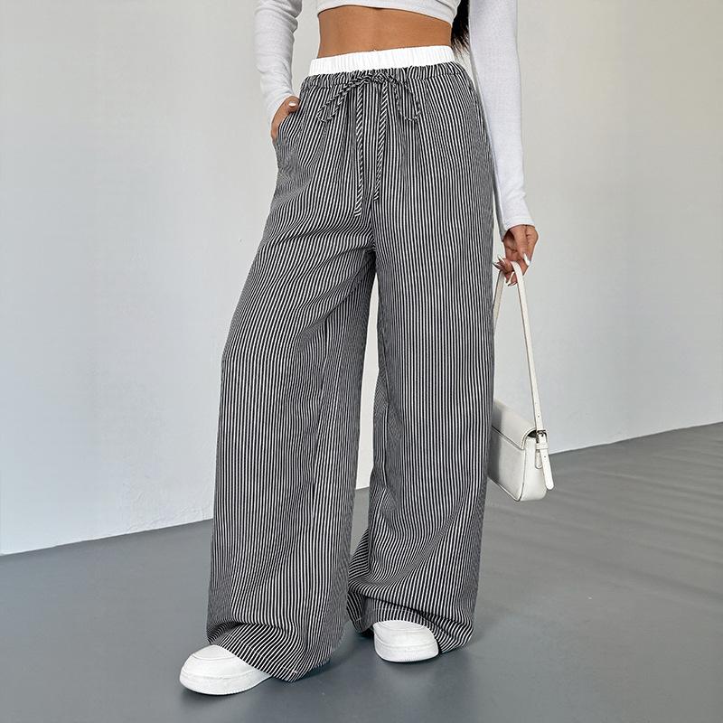 Women s Striped Casual Straight Pants - High Waist Non-Stretch Polyester Trousers S
