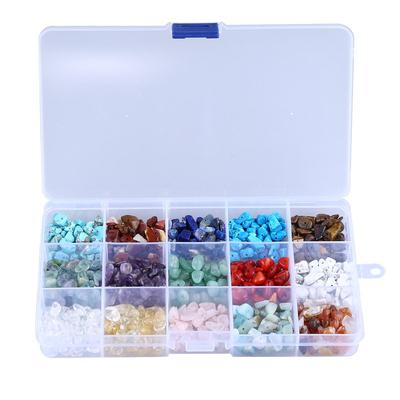Crushed Natural Stone Bead Set: 15 Compartments with Amethyst, Lapis, Agate, Tiger Eye, Crystal, Turquoise, & More