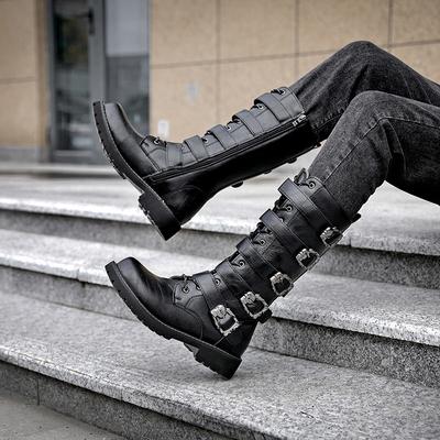 Fashion Men's Punk Gothic Biker Boots Tall Harness Buckle Side Zipper Riding Boots for Cosplay Costume Performance Comfortable Black