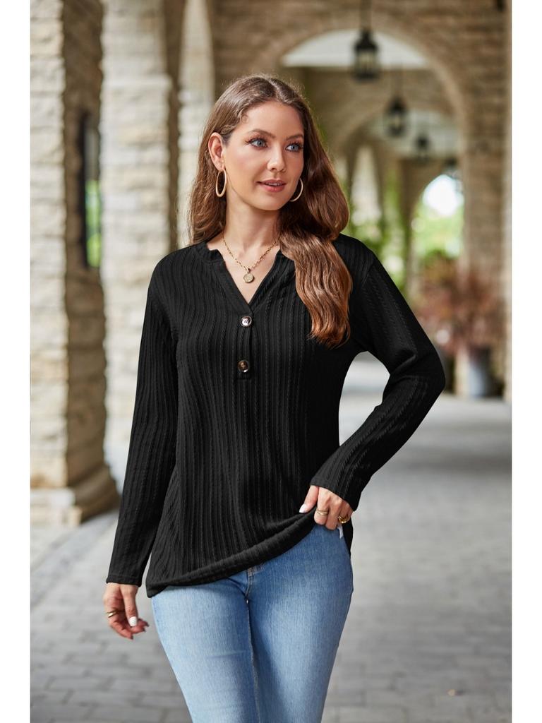2024 Autumn Winter New Women Long Sleeve T-shirts Ladies Fashion Buttons V-neck Knitted Tee Shirt Female Solid Color Casual Tops
