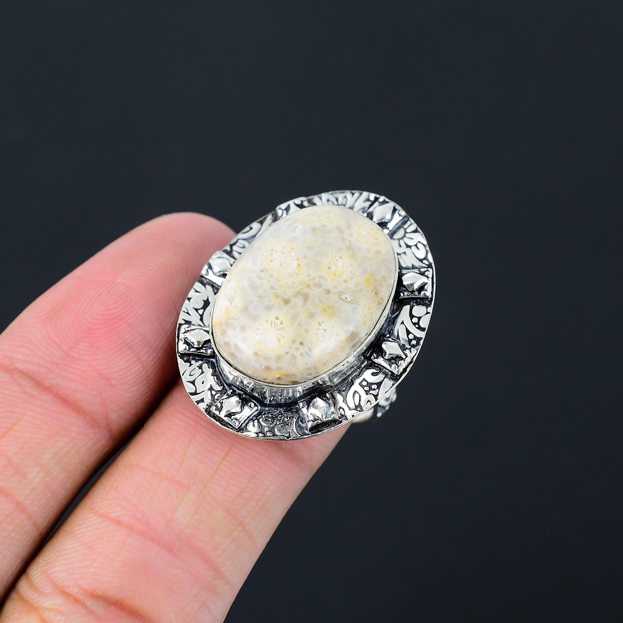 

Friendship Day Sale 925 Silver Natural Fossil Coral New Multi Stone Ring Jewelry 9
