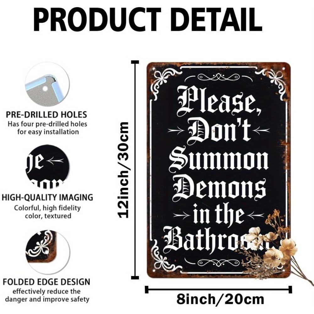 Please Don't Summon Demons in the Bathroom - Halloween Humor Retro Metal Tin Sign, Funny Bathroom Wall Art Decor